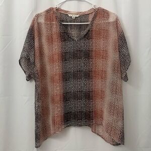 Cabi Women Brown Pink Animal Print Sheer V-Neck Short Sleeve Blouse Top Small